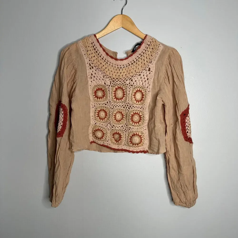 Zara Crochet Granny Square Blouse Women‎ XS Beige EUC Boho Balloon Sleeve Top